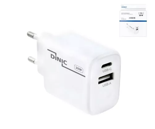 USB C+A oplader/voeding 20W, PD, wit, doos Power Delivery, wit, DINIC-doos